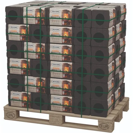 Palette 900 kg Briquettes de Lignite REKORD sous Film Plastique (90 Paquets de 10 kg / 18 Briques par Paquet)
