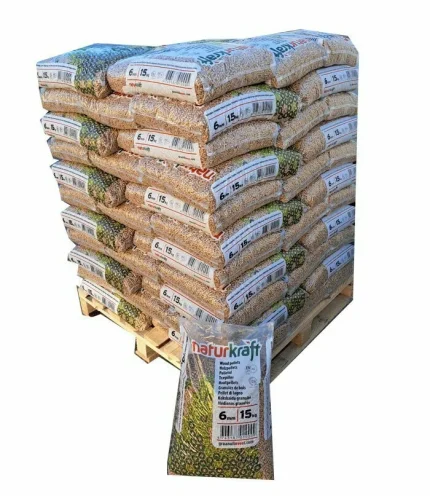 Palette de 990 kg : Granulés de Bois Naturkraft (66 Sacs de 15 kg — 100 % Résineux d'Estonie)