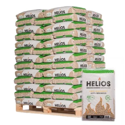 Palette de 975 kg : Granulés de Bois HELIOS (65 Sacs de 15 kg — 100 % Résineux DINplus & ENplus A1)